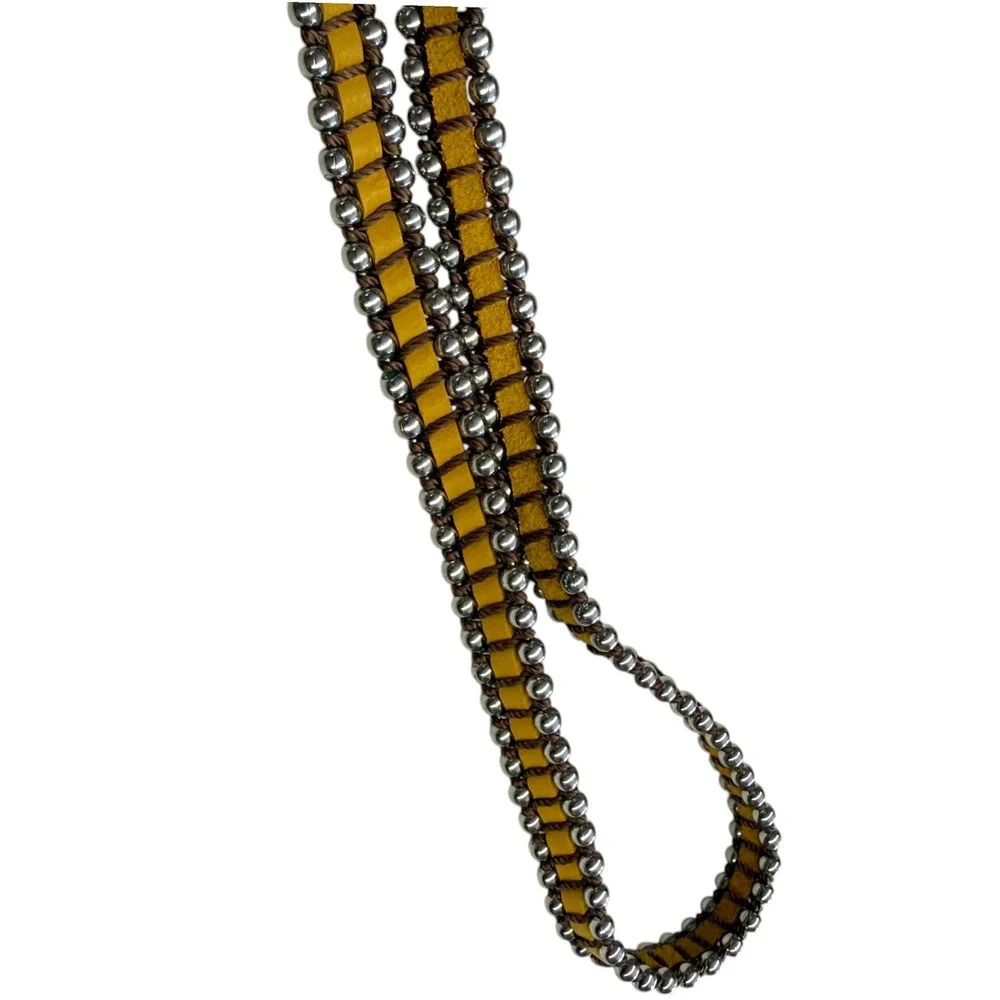 Anthropologie Yellow Leather Studded Skinny Belt Silver Ball Bead Woven Size‎ M